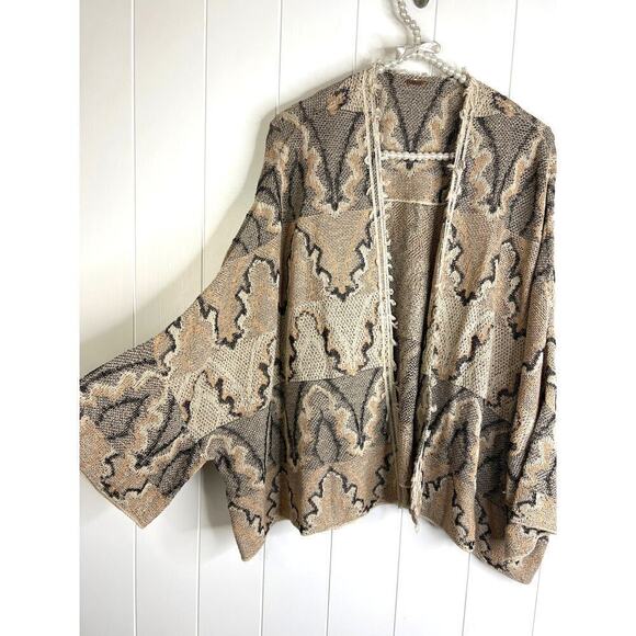 Free People Boho Southwestern Tan/Brown/Cream Open Front Tapestry Cardigan - Picture 3 of 7